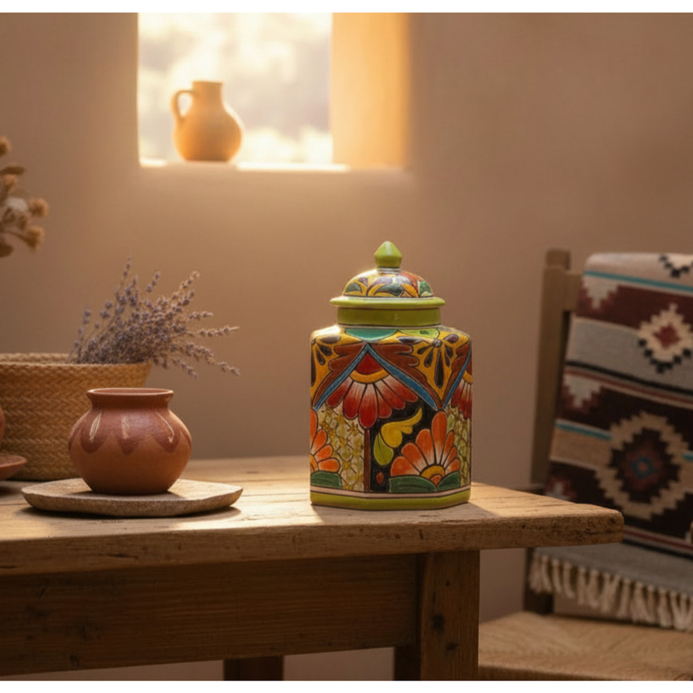 Vintage Mexican Talavera Lidded Jar 10" Hand Painted Folk Art Pueblo Hacienda